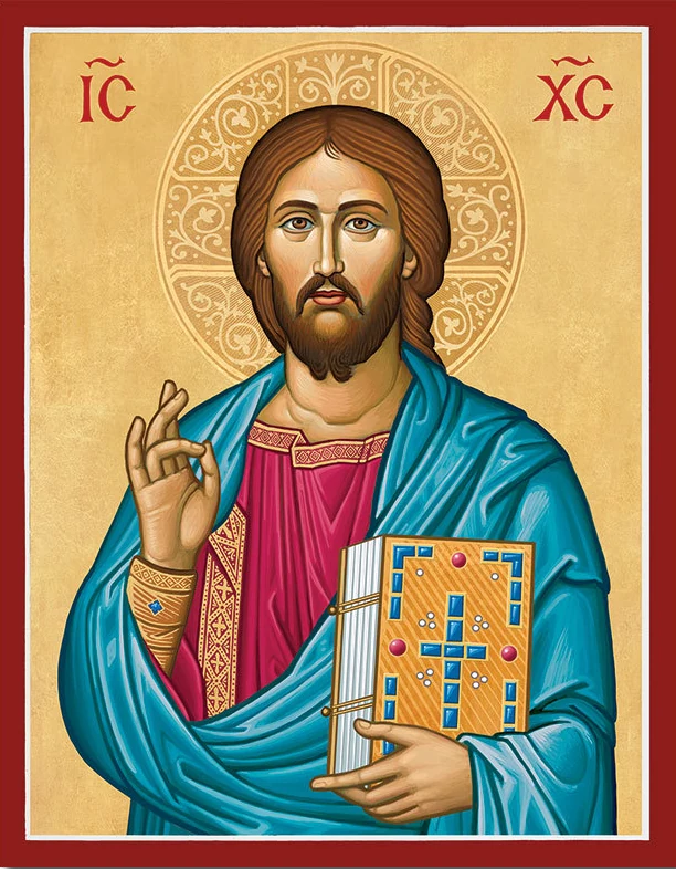 Byzantine icon of Christ with a gold halo, a Sacred Icon Glass Painting design at Gilgamesh for Creative Arts, Amman
