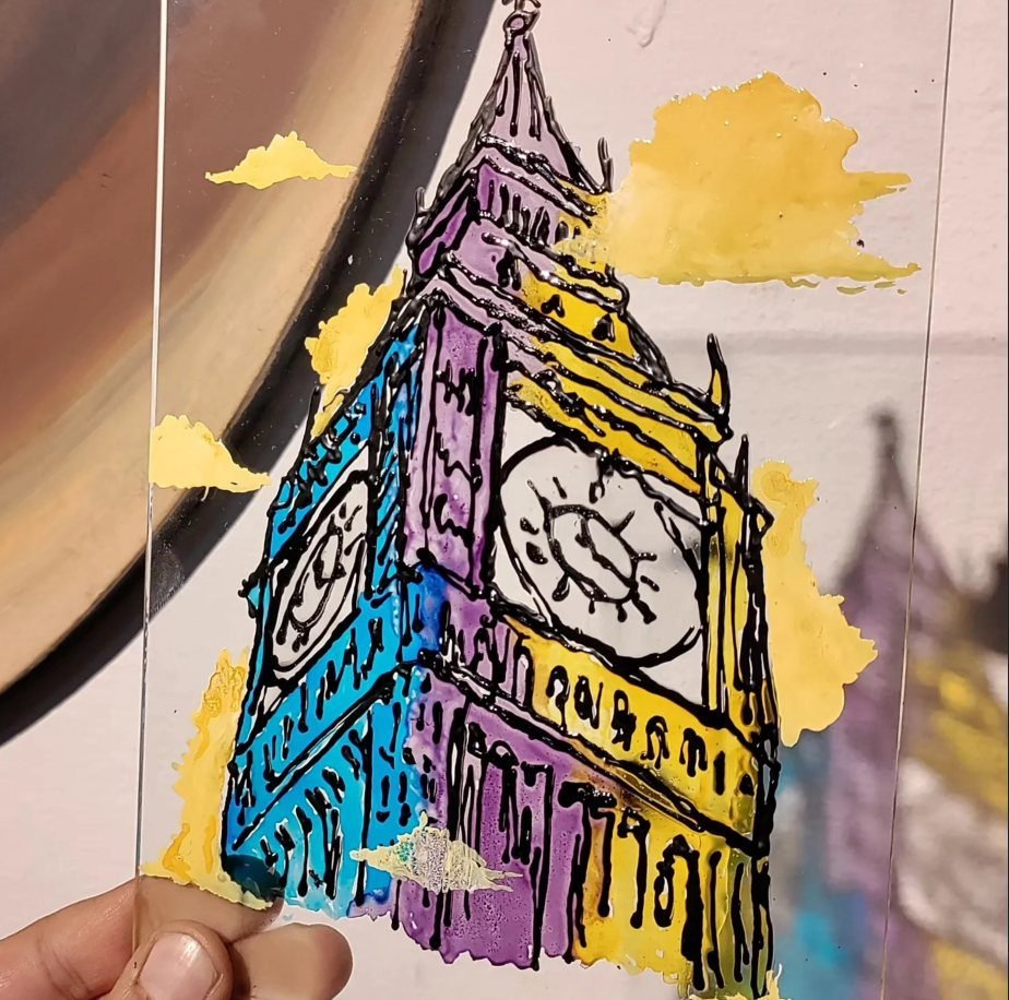 Glass painting of Big Ben and the London skyline made by a workshop participant in Amman