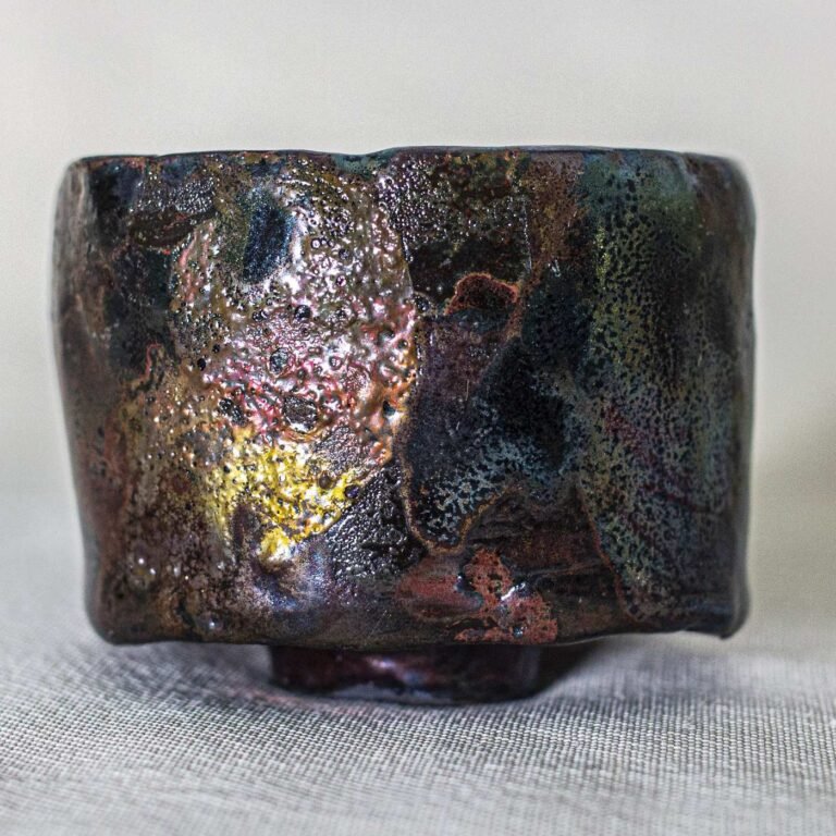 Kurinuki tea bowl carved from a solid block of clay with an iridescent glaze, made at Gilgamesh in Amman