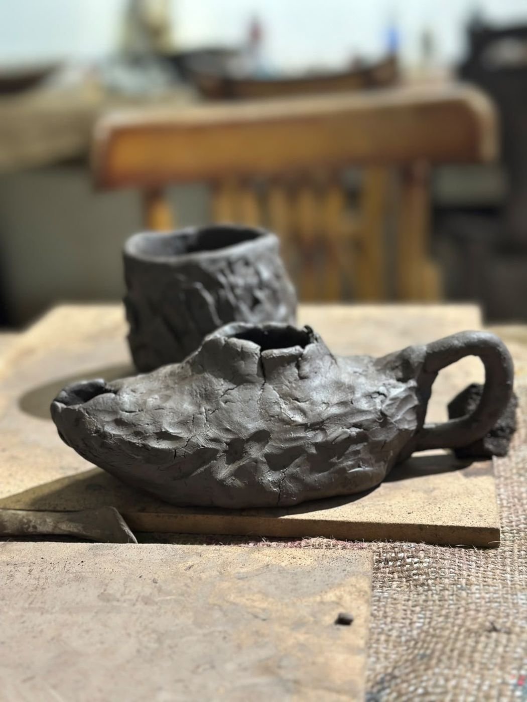 Kurinuki pieces in raw clay before firing