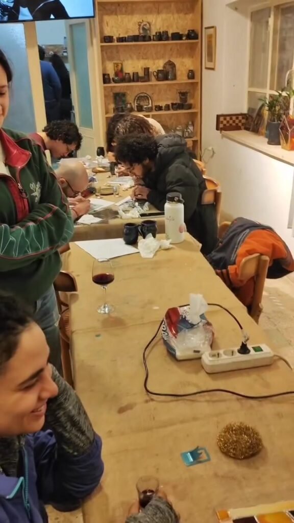 The long studio table at Gilgamesh for Creative Arts in the heritage house in Jabal Al-Lweibdeh, Amman, set up for a group workshop