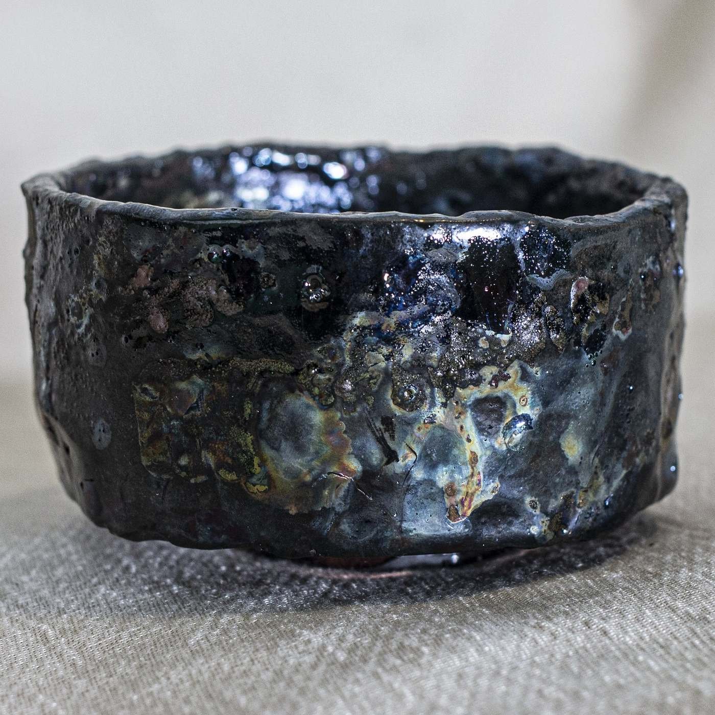 Wide Raku bowl with crackle glaze