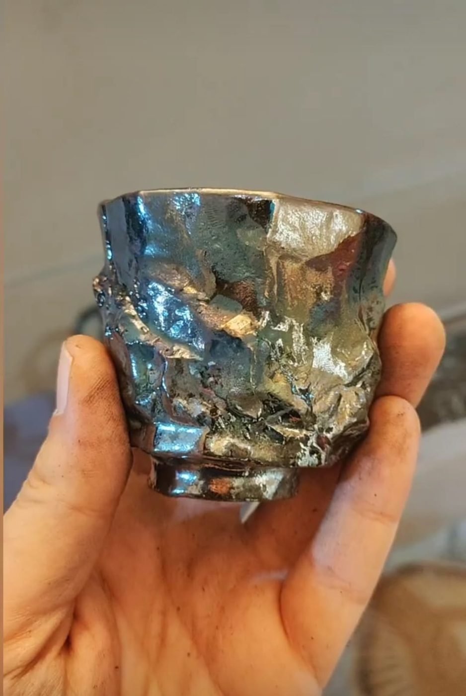 Close-up of Raku metallic glaze crackle