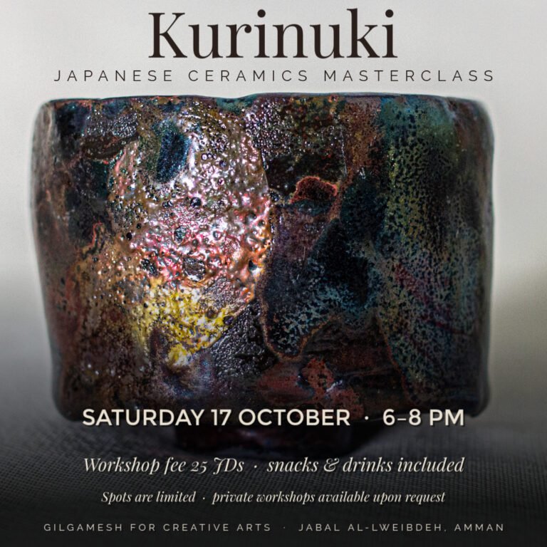 Poster for the Kurinuki Japanese ceramics masterclass at Gilgamesh, Saturday 17 October, 6 to 8 PM, 25 JOD